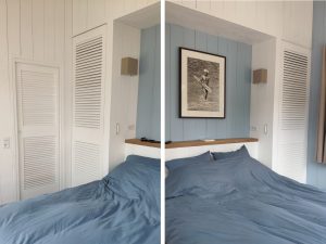 Chambre à coucher : placard, tête de lit, meuble en hêtre et chêne massif